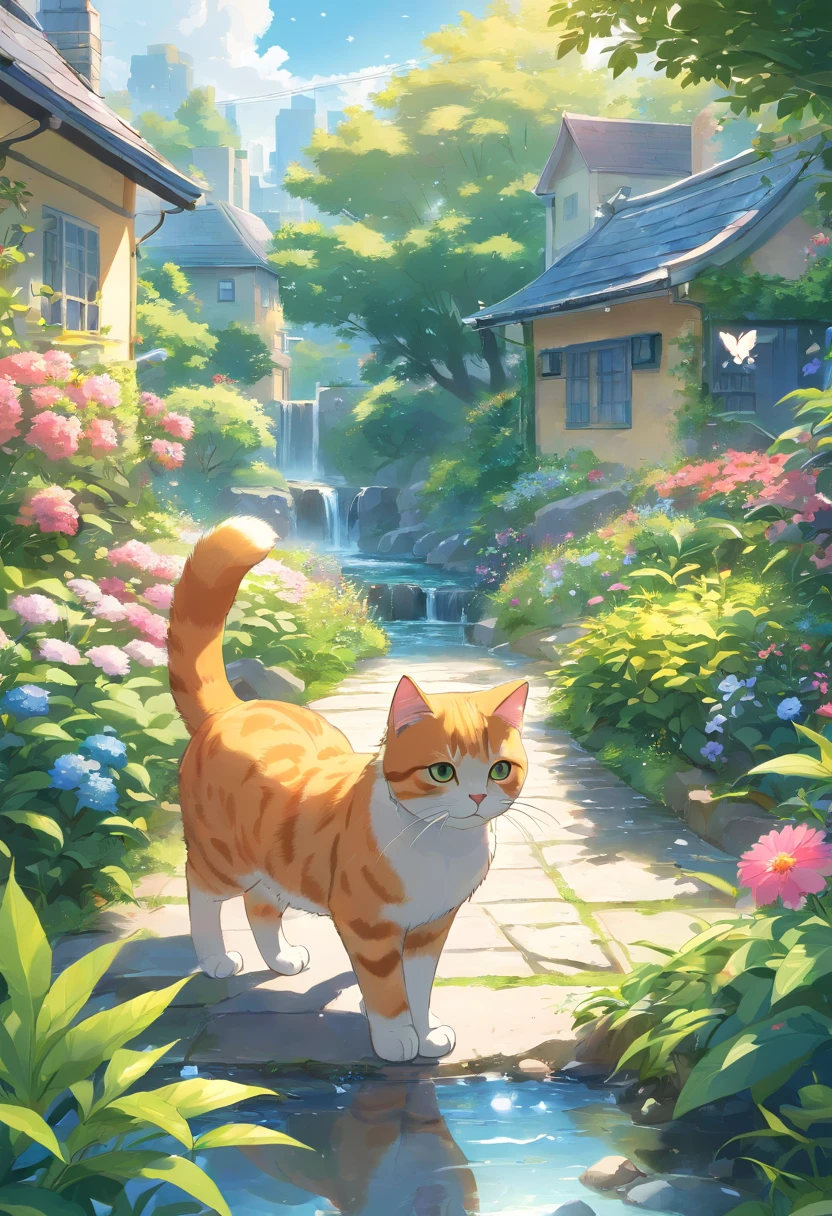 (highres,realistic) A Scottish Fold cat catching butterflies in a garden, with a flowing stream and houses in the distance. Detailed fur and expressive eyes. Lush greenery and colorful flowers surround the cat. The sunlight filters through the leaves, casting a warm glow. Vibrant butterflies flutter around the cat, creating a lively atmosphere. The cat's ears are uniquely folded, adding to its charm. The garden is beautifully landscaped, with neatly trimmed bushes and a variety of plants. The cat is focused and alert, ready to pounce on the next butterfly. The water in the stream is crystal clear, reflecting the serene surroundings. The houses in the distance have colorful facades, adding a touch of whimsy to the scene.