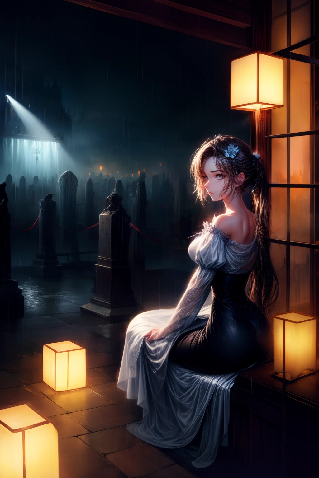 (Extremely detailed Cg Unity 8K wallpaper), Beautiful young woman in the rain, dress, Sitting, Cemetery with lanterns, Style-Empire, (Style-Glass), (((surrealism))), full_Body_Shot, Dramatic, The light from the back window is backlighted, Light rays, voluminetric lighting, Detailed face, Highly detailed, Painting