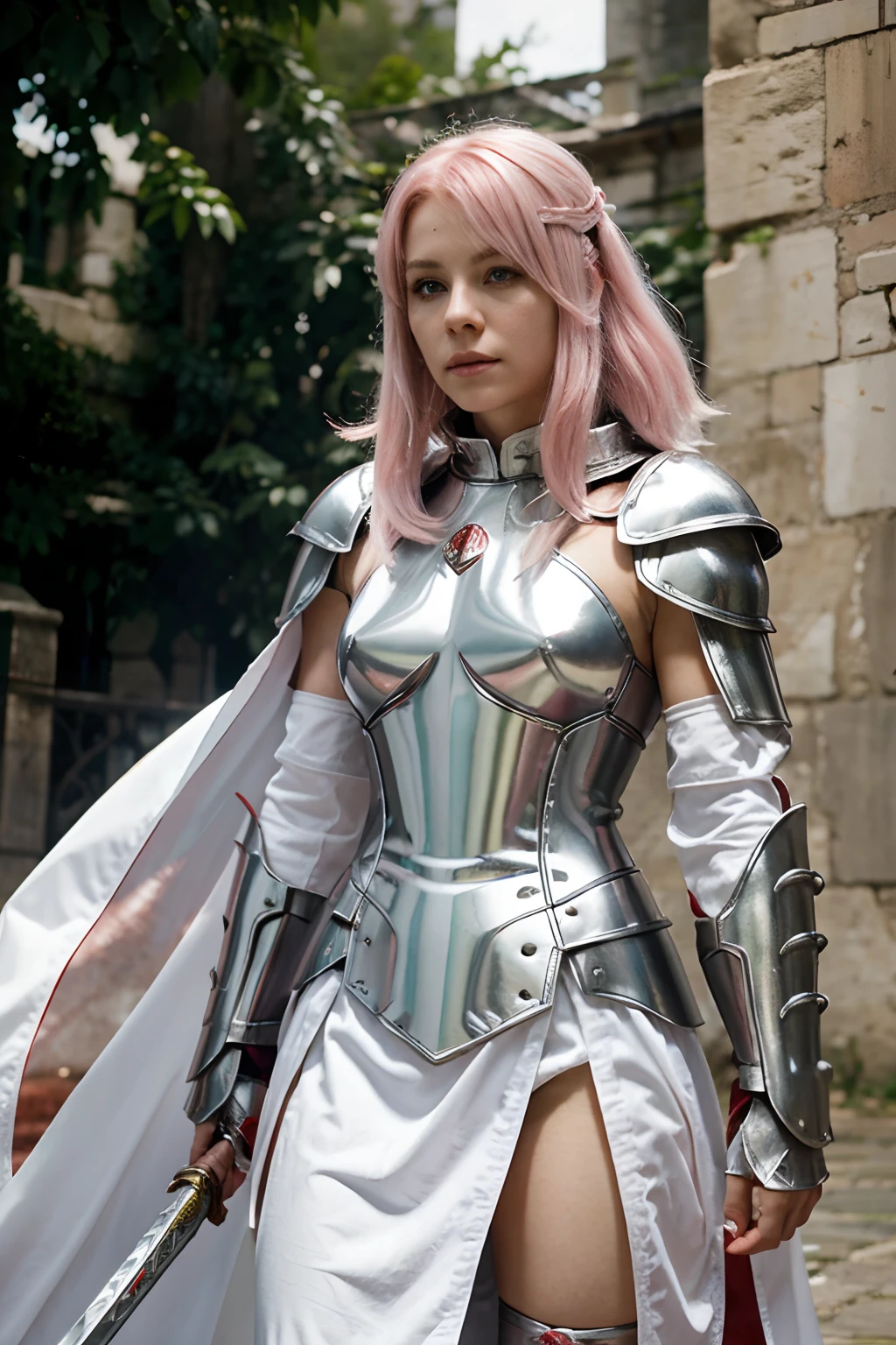 White female warrior Pink hair, white armor with silver. Red cloak, long sword, light falling on the reflective armor.