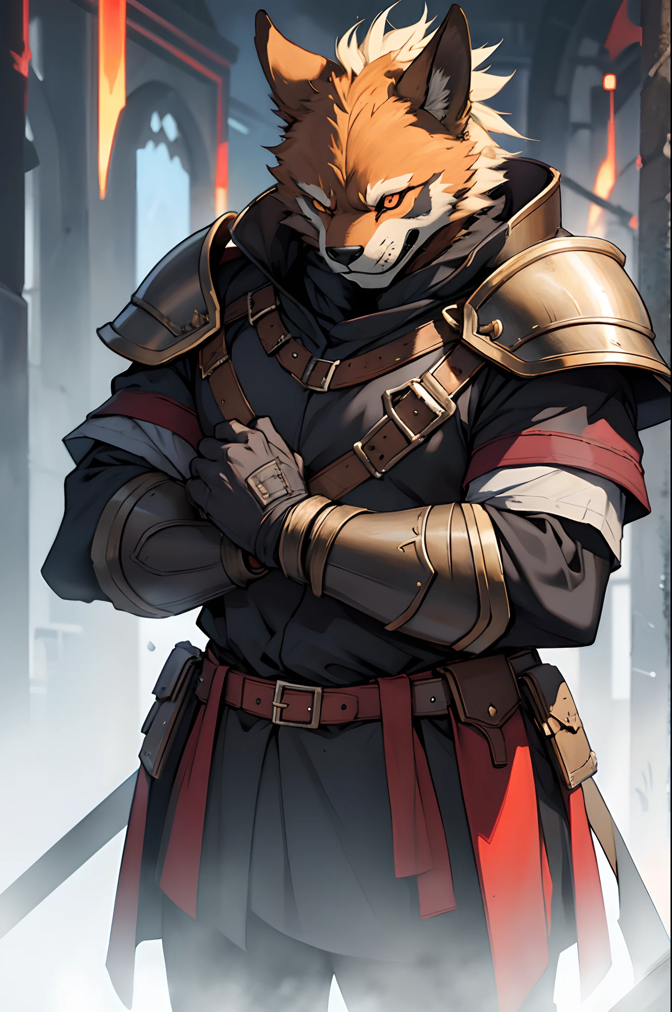 beste-Qualit, tmasterpiece, extra high resolution, Detailed, realisti, 独奏, Horror \(subject\), Dark Fantasy, Depth of field, ember, humanoid, heavy armor, The Face of the Beast, Furry, Security Guard Outfit, Guardian's Attire, Guard, Medieval Guard, Medieval Guard Clothing , spearman, Chaotic Neutral, D&D.