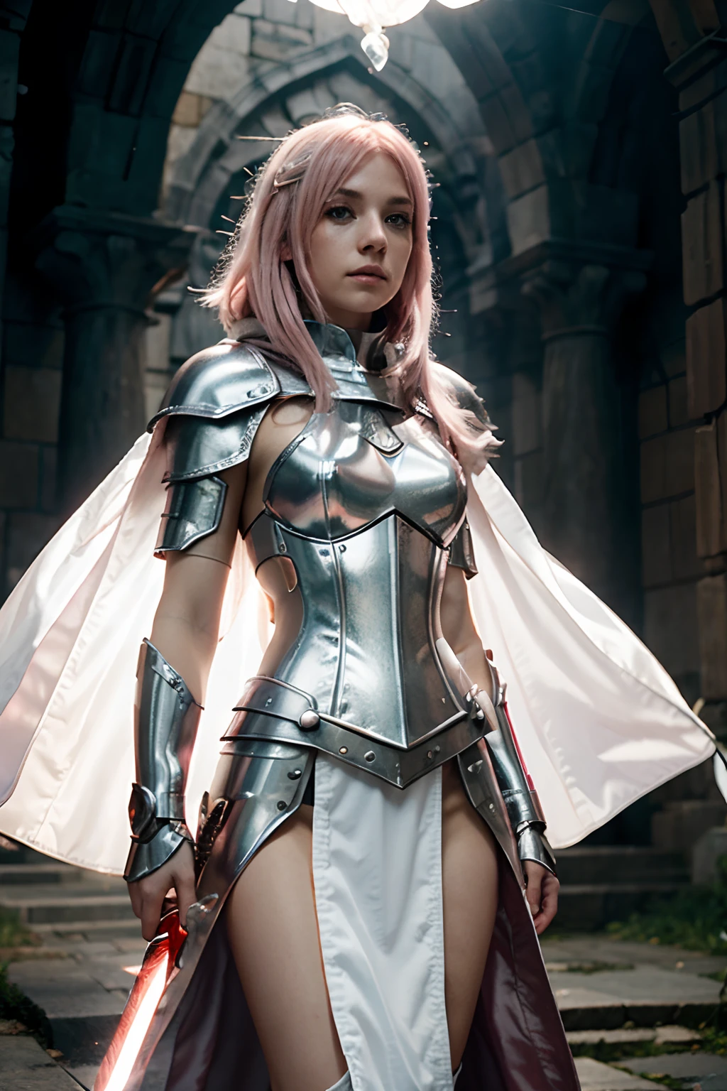 White female warrior Pink hair, white armor with silver. Red cloak, long sword, light falling on the reflective armor.