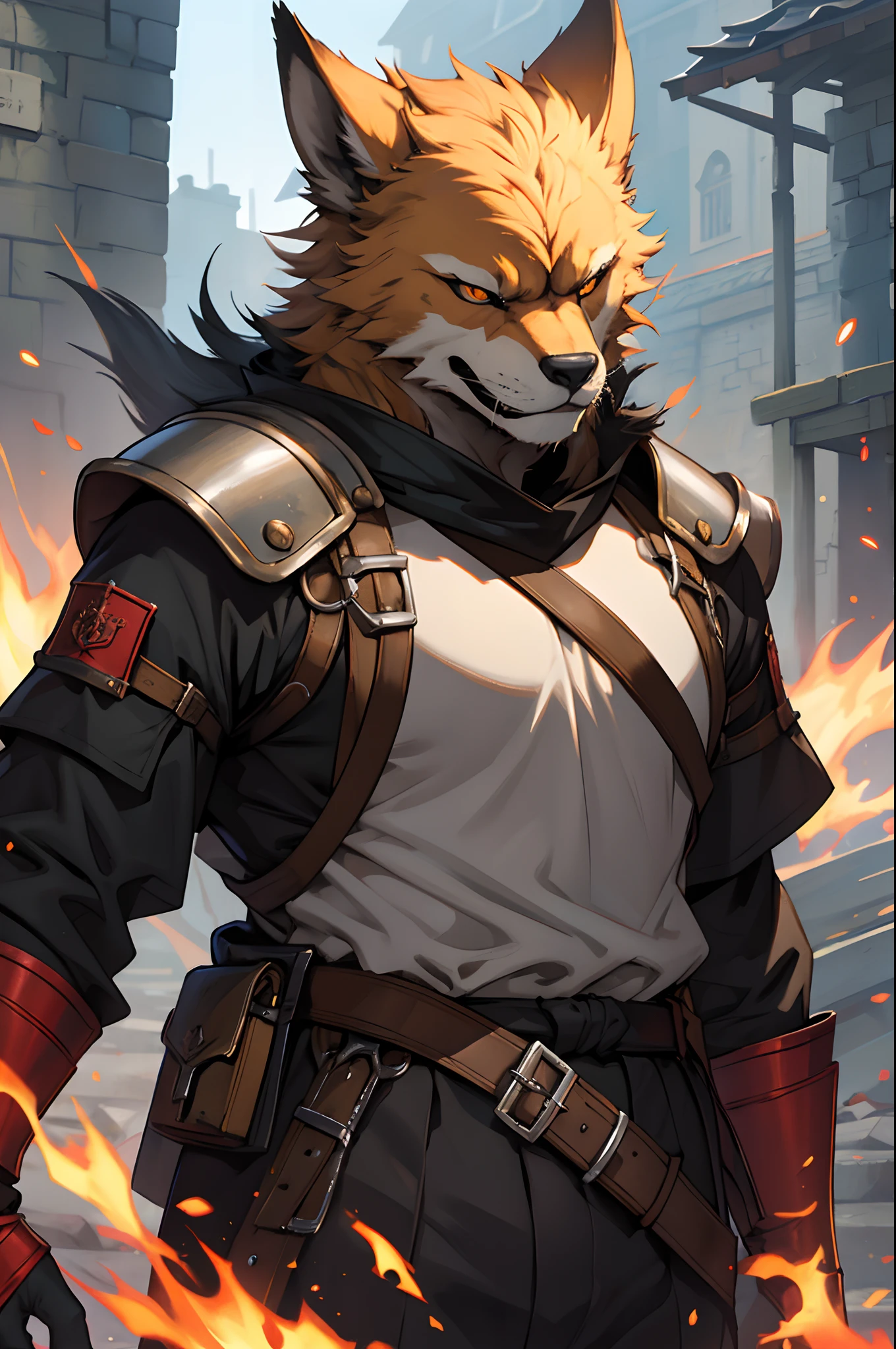 beste-Qualit, tmasterpiece, extra high resolution, Detailed, realisti, 独奏, Horror \(subject\), Dark Fantasy, Depth of field, ember, humanoid, heavy armor, The Face of the Beast, Furry, Security Guard Outfit, Guardian's Attire, Guard, Medieval Guard, Medieval Guard Clothing , spearman, Chaotic Neutral, D&D.