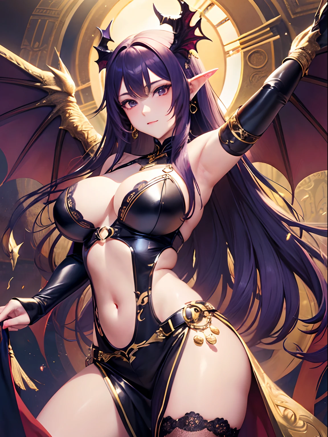 Beautiful woman of the dragon tribe、Golden hair with big wings。Half human woman and half dragon with a dragon-like tail、((Finest quality)),(超A high resolution),(ultra-detailliert),((Best Anime)),sharpnes,Clair,Art with astounding depictions,Glamorous atmosphere:1.4, (Dark purple leather BDSM with gorgeous embroidery in gold,Limbs are 2 pairs,skirt by the,Woman with long black hair,)),