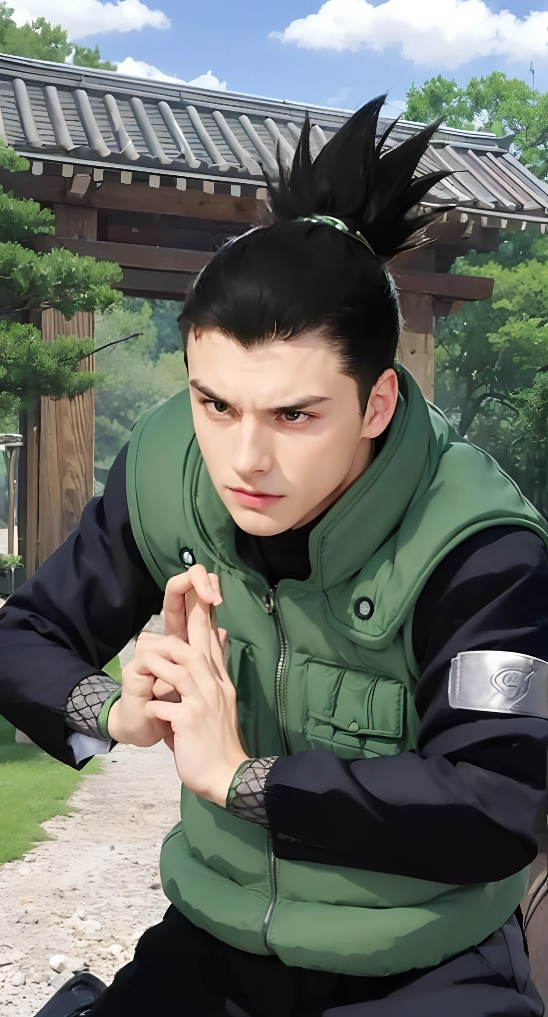 Real life adaption of this character ,teen handsome face,realistic same hair , (realistic same outfit wear thick vest green color with many pocket), realistic same background , realistic light, realistic shadow, realism, hyper realistic,(photorealistic:1.2), same expression, there is plate iron on his shoulder,((His eyes looked to the side ))
