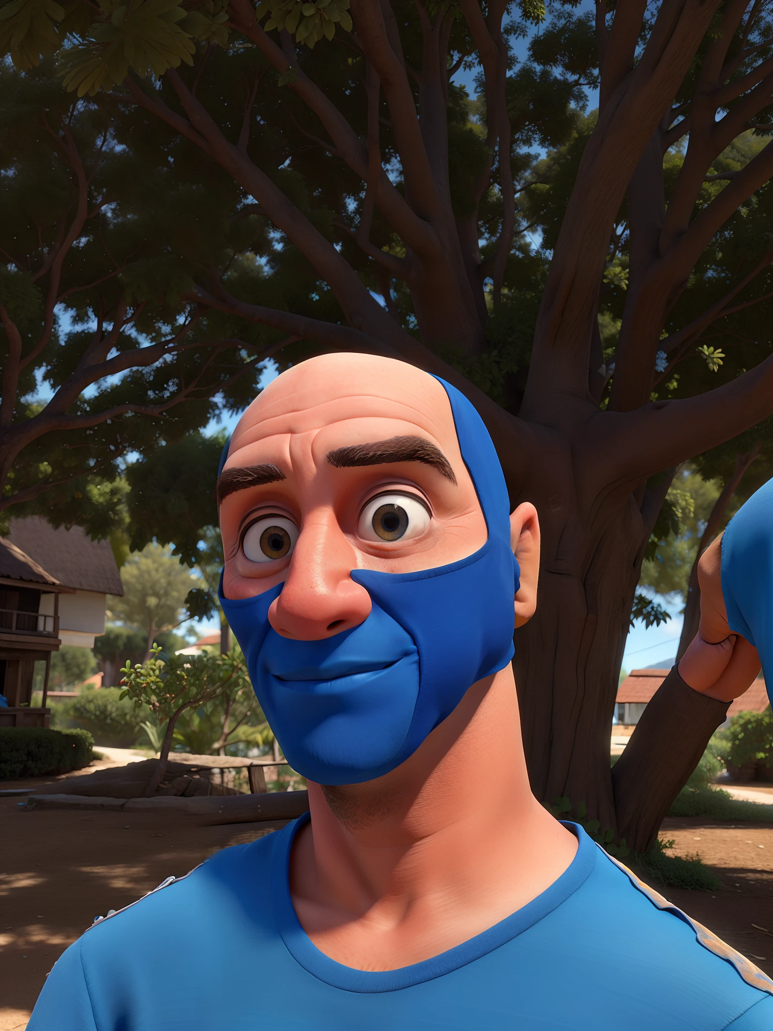 Eu careca e com blusa azul( 40 anos) sitting in square.