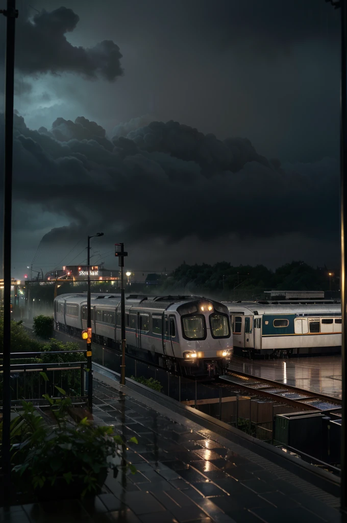 (best quality,4k,8k,highres,masterpiece:1.2),ultra-detailed,(realistic,photorealistic,photo-realistic:1.37),rainy day train ride,train,window view,raindrops,shimmering lights,vibrant colors,misty atmosphere,reflection,water on glass,cityscape,splashing puddles,dark clouds,soothing sound of rain,passengers enjoying the ride,cold breeze,blurred motion,foggy scenery,safety bars,comfortable seats,nature passing by,city lights peeking through the rain,peaceful ambiance,umbrellas,motion blur on the tracks,steam rising from the train,serene mood,gentle rain shower,soft music playing,cozy interior,lush greenery, rain washing away the worries,tranquil journey