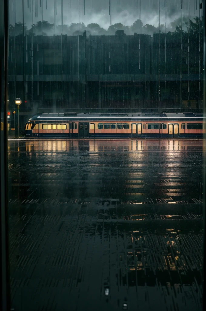 (best quality,4k,8k,highres,masterpiece:1.2),ultra-detailed,(realistic,photorealistic,photo-realistic:1.37),rainy day train ride,train,window view,raindrops,shimmering lights,vibrant colors,misty atmosphere,reflection,water on glass,cityscape,splashing puddles,dark clouds,soothing sound of rain,passengers enjoying the ride,cold breeze,blurred motion,foggy scenery,safety bars,comfortable seats,nature passing by,city lights peeking through the rain,peaceful ambiance,umbrellas,motion blur on the tracks,steam rising from the train,serene mood,gentle rain shower,soft music playing,cozy interior,lush greenery, rain washing away the worries,tranquil journey