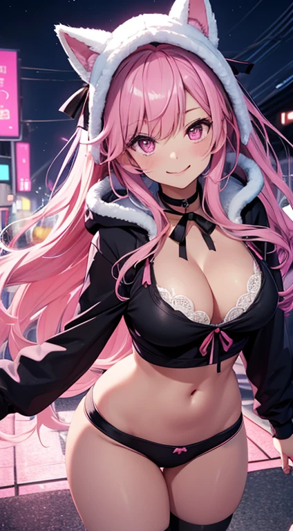 1人、Pink hair、Medium Hair、fluffy and soft hair、I'm wearing the hood of a hoodie.....、Pink eyes、The hoodie has a ribbon on the hood.、undergarment、cleavage of the breast、Very large breasts、Navel Ejection、Enchanted breasts、Enchanted thighs、bow ribbon、Tongue licking、A smile、bending forward、Neon Street、nightcity、Neon light、a moon、a choker、top-quality、masutepiece、Very big