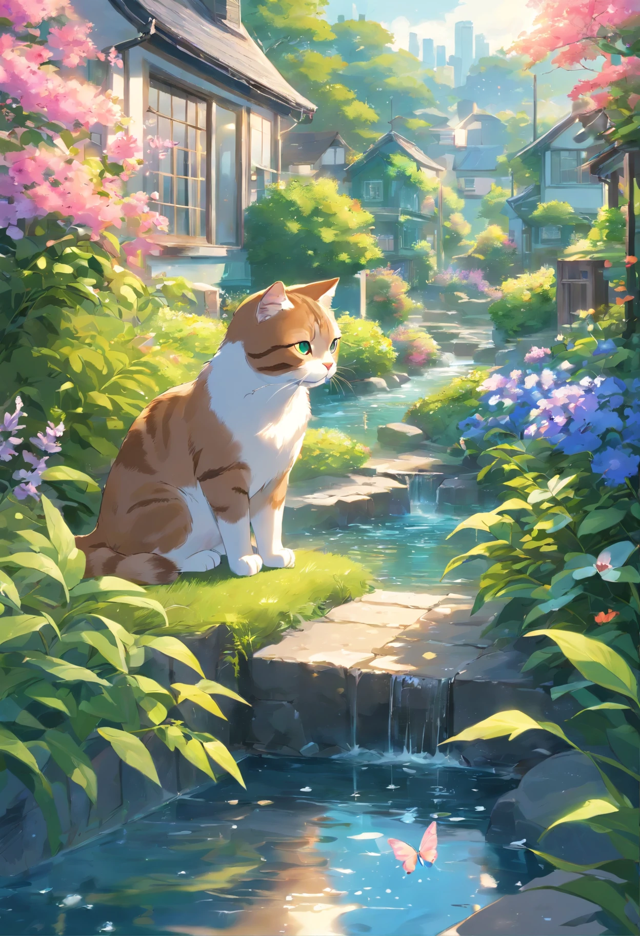(highres,realistic) A Scottish Fold cat catching butterflies in a garden, with a flowing stream and houses in the distance. Detailed fur and expressive eyes. Lush greenery and colorful flowers surround the cat. The sunlight filters through the leaves, casting a warm glow. Vibrant butterflies flutter around the cat, creating a lively atmosphere. The cat's ears are uniquely folded, adding to its charm. The garden is beautifully landscaped, with neatly trimmed bushes and a variety of plants. The cat is focused and alert, ready to pounce on the next butterfly. The water in the stream is crystal clear, reflecting the serene surroundings. The houses in the distance have colorful facades, adding a touch of whimsy to the scene.