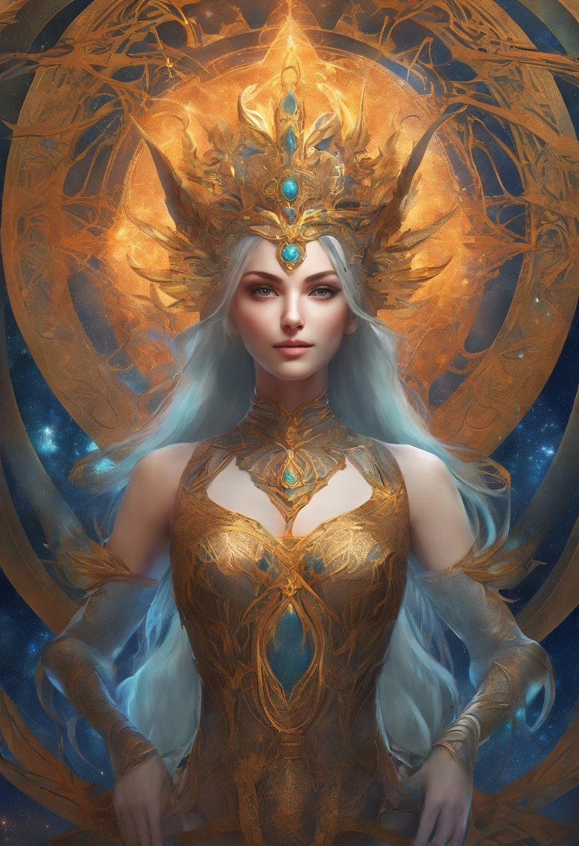 (best qualtiy,ultra - detailed,Most Best Illustration,Best Shadow,tmasterpiece,hight resolution,professionalartwork,famousartwork),Detailed eyes,beautidful eyes,closeup cleavage,up body, sci-fy,colored sclera,Robotic eyes,face markings,tattooed,(fractalized,Fractal Eye),largeeyes,wide eyes,(Eye focus),sface focus,the eye of the universe,the eye of the universe,Close up of metal sculpture of woman with nebula in hair,goddes。extremely high detail,3 d goddess portrait,Highly detailed footage of the goddess,a stunning portrait of a goddess,Side image of the goddess,portrait of a beautiful goddess,Full body close-up of goddess,Goddess of Hecate,Portrait of the Goddess of the Norse Nebula,goddess of space and time, Center pottrait, Girl Pose ( pinterest ), Dark suit