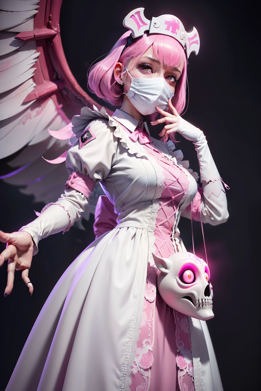 (best quality,4k,8k,highres,masterpiece:1.2),ultra-detailed,realistic:1.37,Female plague nurse,white plague mask with pink eyeholes,pink syringe,white medieval dress,illustration,creepy,foggy background,moonlight,lace details,vivid colors,dark fantasy style,soft lighting,pinkish tint