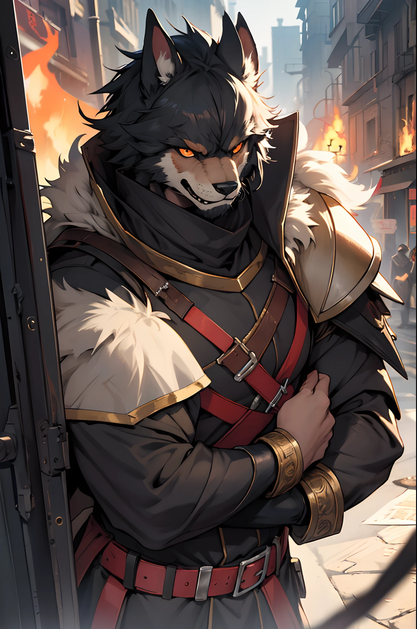 beste-Qualit, tmasterpiece, extra high resolution, Detailed, realisti, 独奏, Horror \(subject\), Dark Fantasy, Depth of field, ember, humanoid, heavy armor, The Face of the Beast, Furry, Security Guard Outfit, Guardian's Attire, Guard, Medieval Guard, Medieval Guard Clothing , spearman, Chaotic Neutral, D&D.