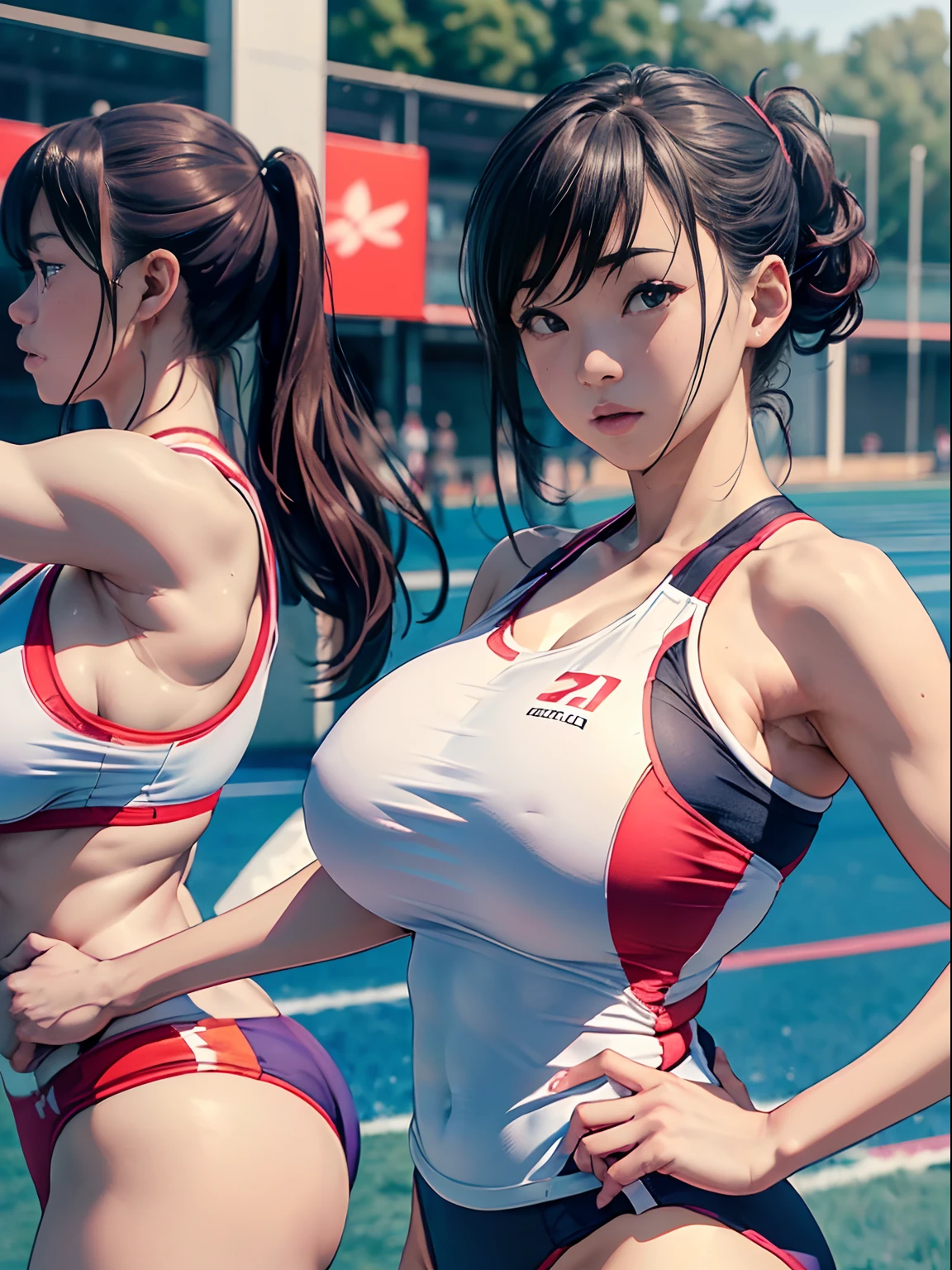 Side view of Japan female track and field athletes in a row、(masterpiece:1.4)、(in 8K、realisitic、Raw photo、top-quality:1.4)、(Real Face:1.4)、(real looking skin:1.3)、超A high resolution、A hyper-realistic、Track & Field Athletes' Uniforms、no-bra、(huge-breasted:1.5)、Blushing、alluring face、athletic field
