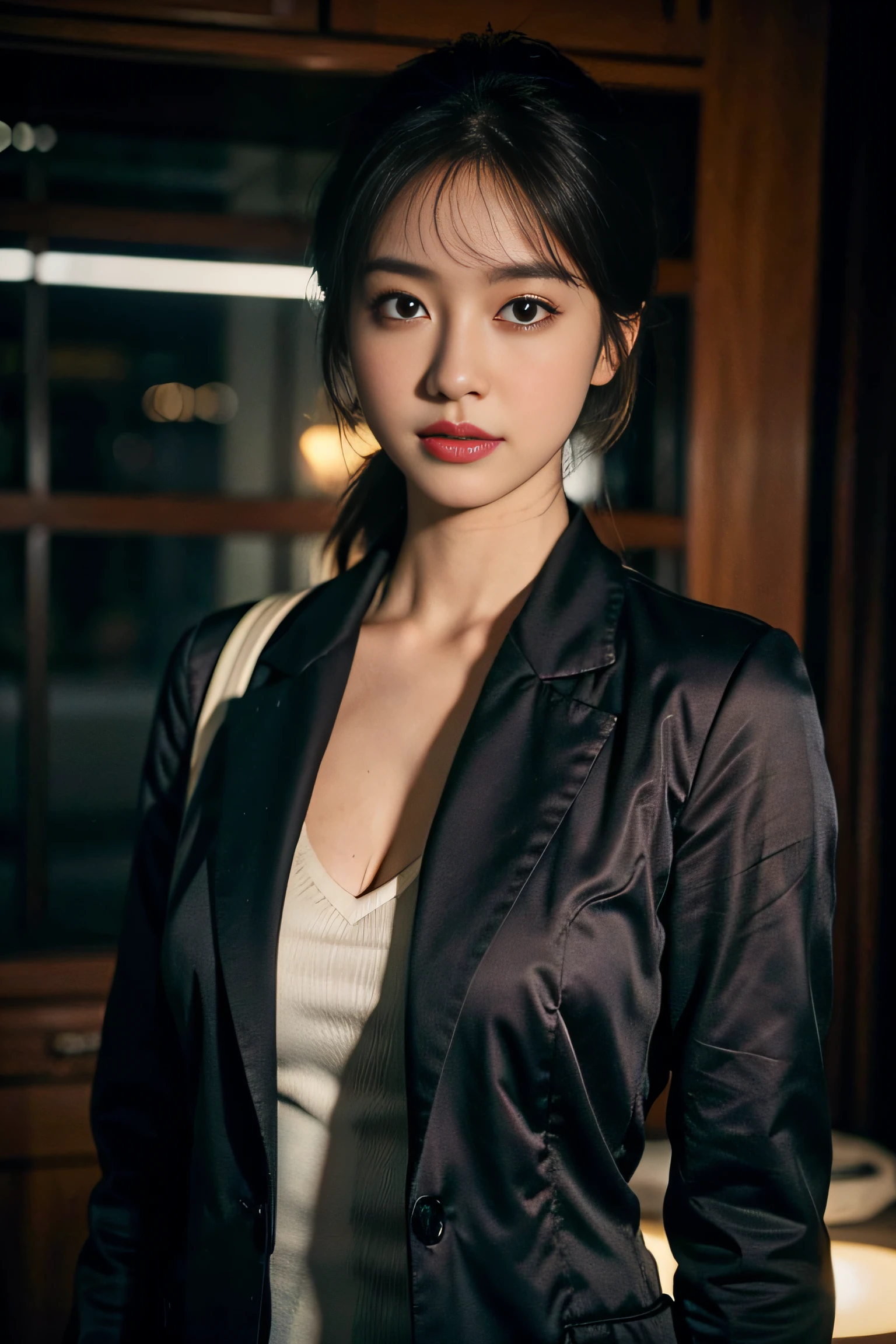 Female doctor,Wear a doctor's uniform,realisticlying,Dynamic Lights,brush-cut,Thin stature,cleavage,full shoot,(extremely detailed CG unified 8k wallpaper),high detal,tack sharp focus,drama,eye bags,eye lashes,Photoreality