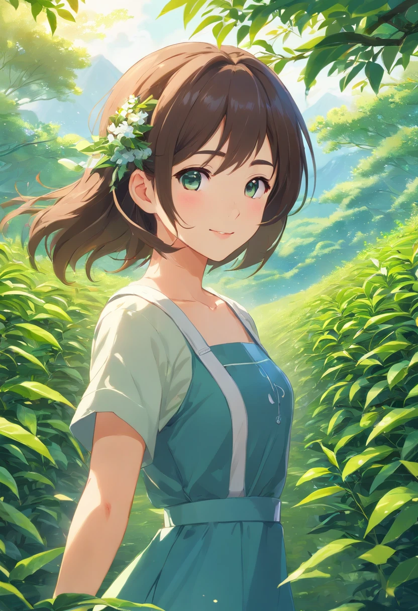 (best quality,4k,highres,masterpiece:1.2),ultra-detailed,(realistic:1.37),beautiful girl,tea picking, blue sky,lovely face,dewy complexion,sparkling eyes,flowing hair,delicate hands,nature-inspired dress,sunlight filtering through the leaves,floral aroma,tranquil atmosphere,gentle breeze,rustling of tea leaves,serene smile,peaceful surroundings,lush green tea bushes,meticulous tea harvesting technique。