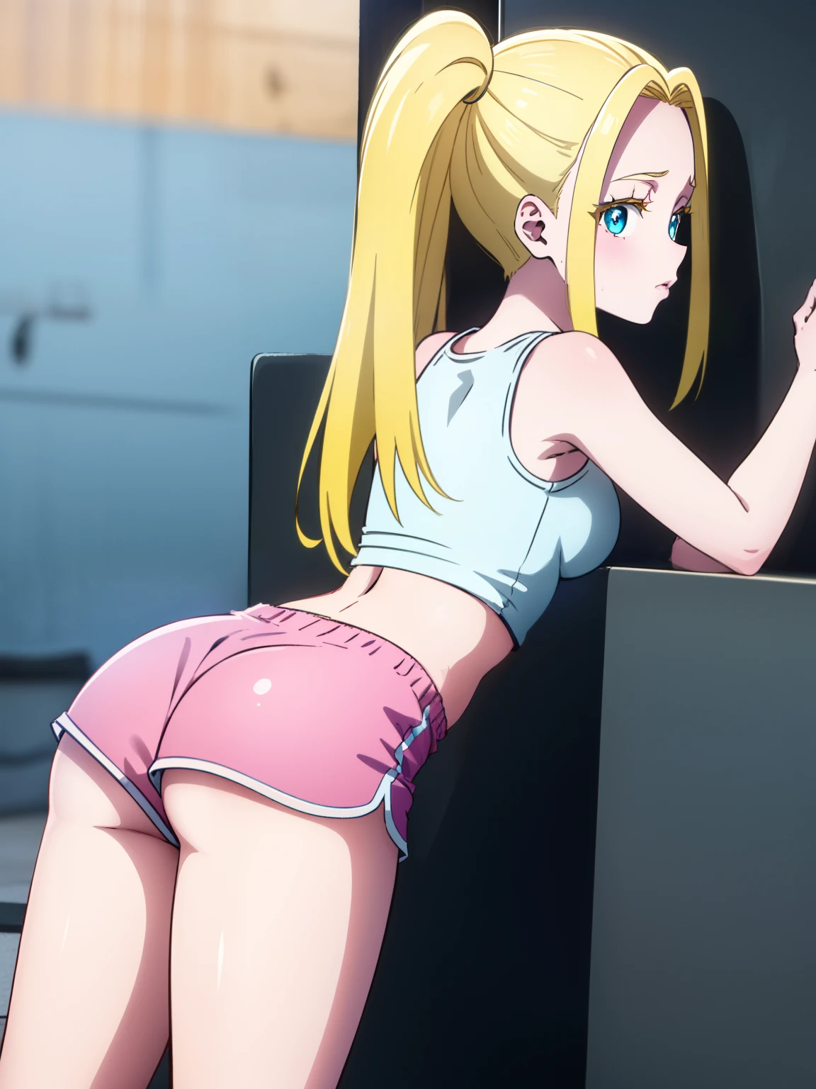 1girl, erotic, nsfw, 18+, small dolphin shorts, pink shorts, looking back, ass, pantyshot,, masterpiece, best quality, highly detailed, long blonde hair, blue eyes,