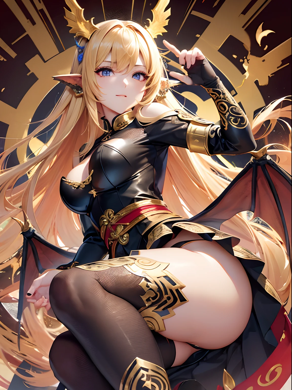 Beautiful woman of the dragon tribe、Golden hair with big wings。Half human woman and half dragon with a dragon-like tail、((Finest quality)),(超A high resolution),(ultra-detailliert),((Best Anime)),sharpnes,Clair,Art with astounding depictions,Glamorous atmosphere:1.4, (Golden gorgeous embroidery on red leather BDSM,Limbs are 2 pairs,skirt by the,Woman with long black hair,)),