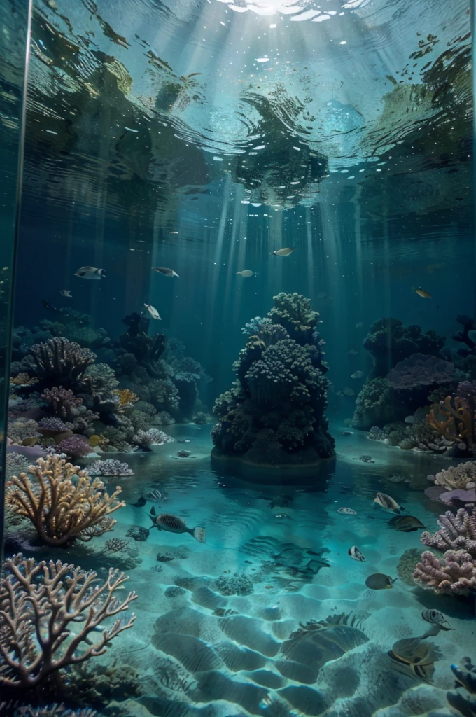 ( best quality,4k,8k,highres,masterpiece:1.2),ultra-detailed,(realistic,photorealistic,photo-realistic:1.37),underwater,aquarium,like a glass tube,shimmering water, vibrant marine life,fish swimming gracefully, colorful coral reefs, sunlight filtering through the water, tranquil and serene atmosphere, mesmerizing light reflections, intricate details of the underwater environment, marine creatures in their natural habitat, glass walls showcasing the vibrant underwater world, immersive underwater experience, crystal clear water, a paradise beneath the surface of the sea, diverse and exotic species of fish, ethereal and dreamlike ambiance, peaceful and calm underwater ecosystem, vibrant colors and textures of the marine flora and fauna, breathtaking and awe-inspiring underwater beauty.