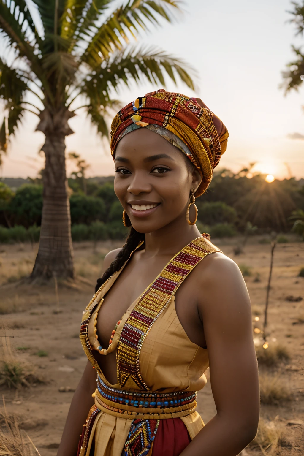 Portray Sunday as an African woman, her radiant smile reflecting the warmth of a setting sun, wearing vibrant traditional attire, intricate beadwork, and a headwrap, Photography, using a 50mm lens with soft natural light, capturing the rich colors and textures, --ar 16:9 --v 5