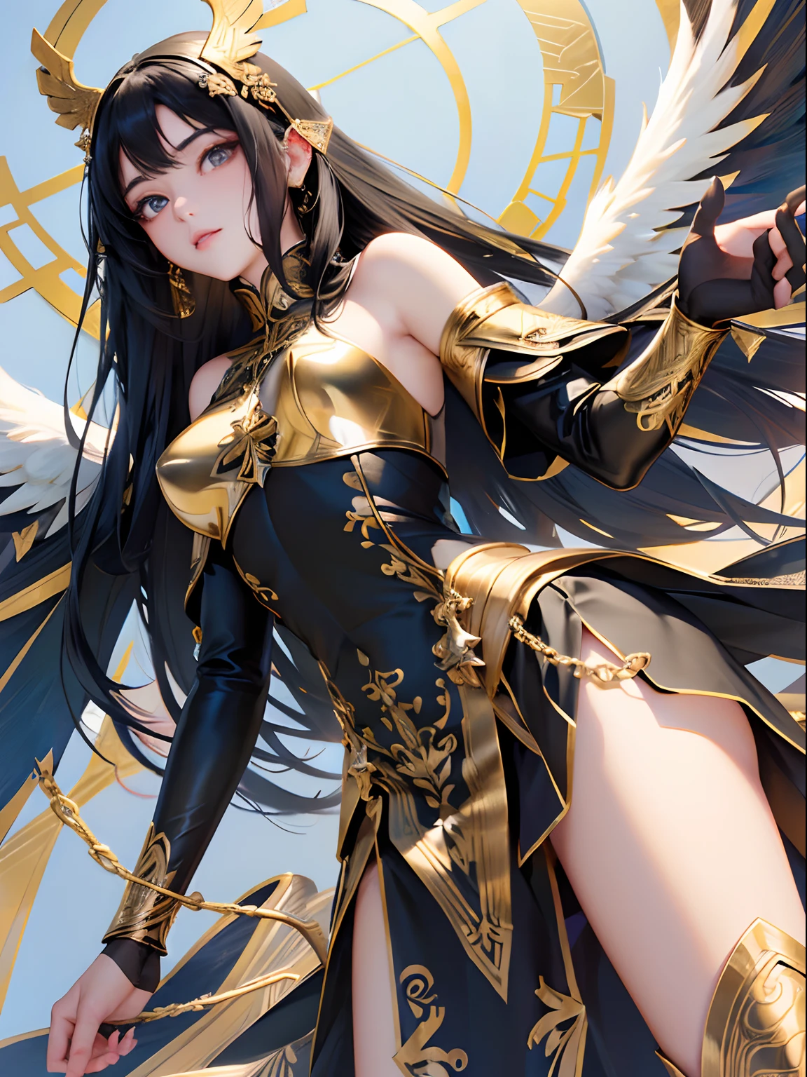 Beautiful woman of the angel tribe、Black shiny hair with big white wings。Half human woman and half angel、((Finest quality)),(超A high resolution),(ultra-detailliert),((Best Anime)),sharpnes,Clair,Art with astounding depictions,Glamorous atmosphere:1.4, (Dress with gorgeous embroidery in gold color on white leather BDSM,Limbs are 2 pairs,skirt by the,Woman with long black hair,)),