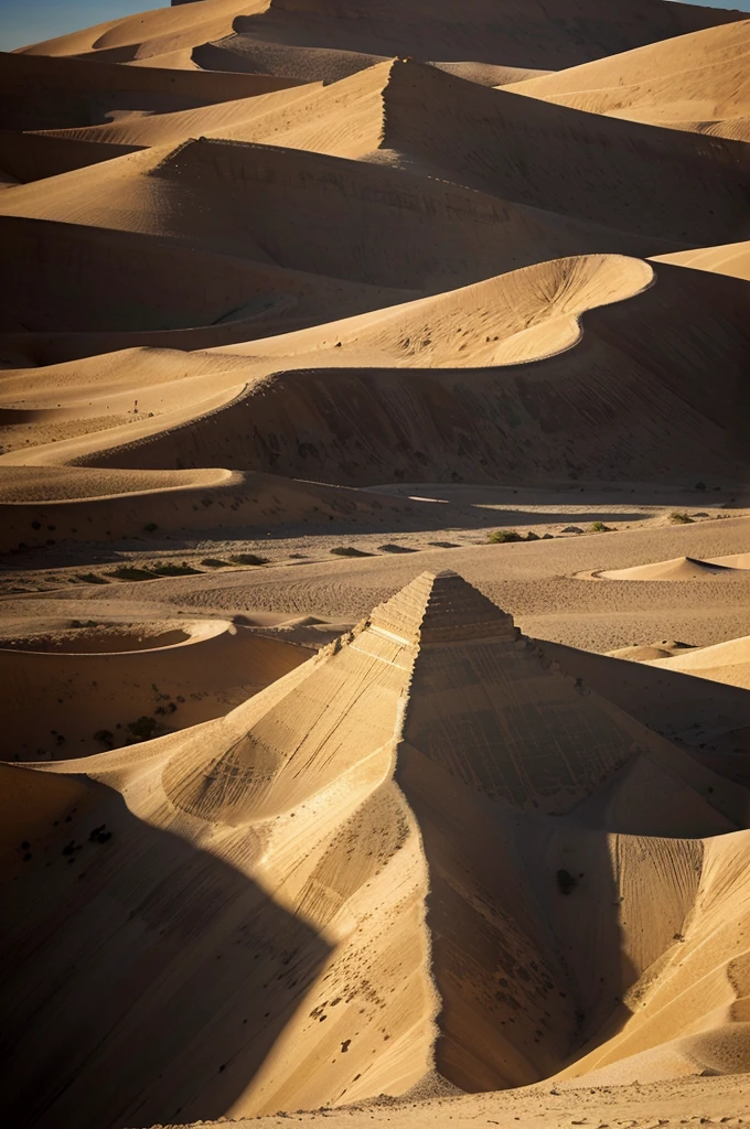highres,realistic desert,hot climate,breathtaking sand dunes,shimmering heat waves,captivating sunset,majestic pyramid,silent moonlit night,isolated ancient ruins,distant camel caravan,mysterious oasis,whispering winds,sagebrush and cacti,dramatic light and shadow,harsh and unforgiving landscape,serene and timeless beauty,sands shifting like liquid gold,unforgettable journey into the unknown