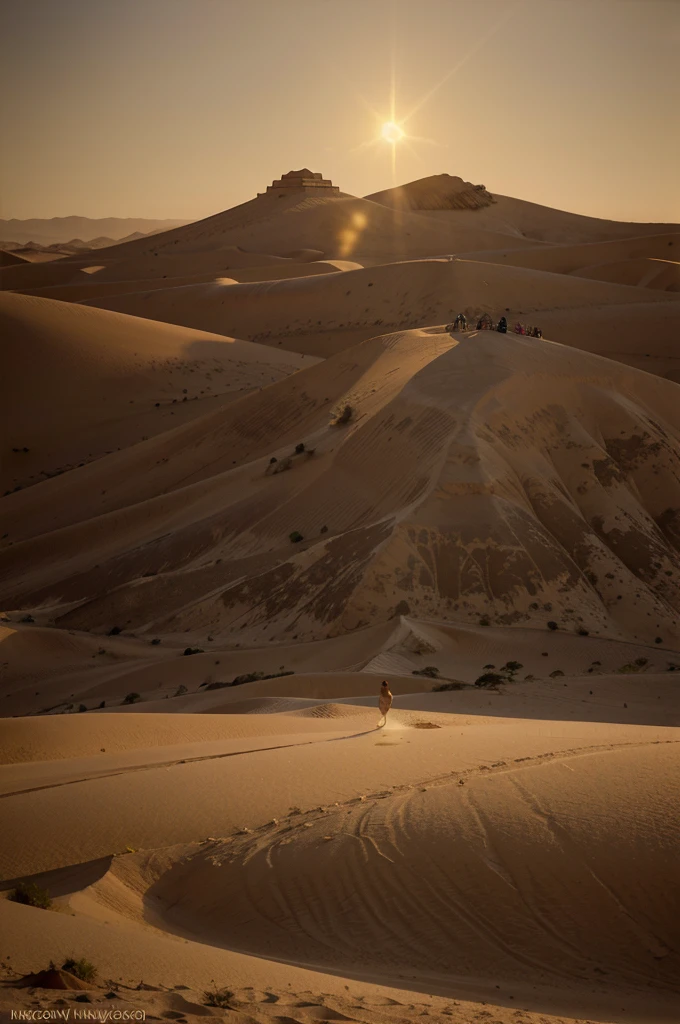 highres,realistic desert,hot climate,breathtaking sand dunes,shimmering heat waves,captivating sunset,majestic pyramid,silent moonlit night,isolated ancient ruins,distant camel caravan,mysterious oasis,whispering winds,sagebrush and cacti,dramatic light and shadow,harsh and unforgiving landscape,serene and timeless beauty,sands shifting like liquid gold,unforgettable journey into the unknown