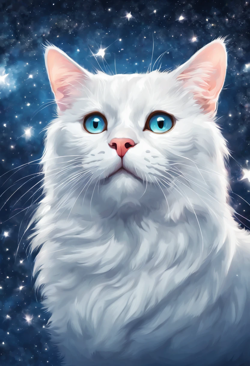 Realistic white cat on starry sky background