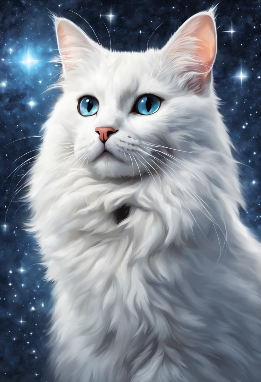 Realistic white cat on starry sky background