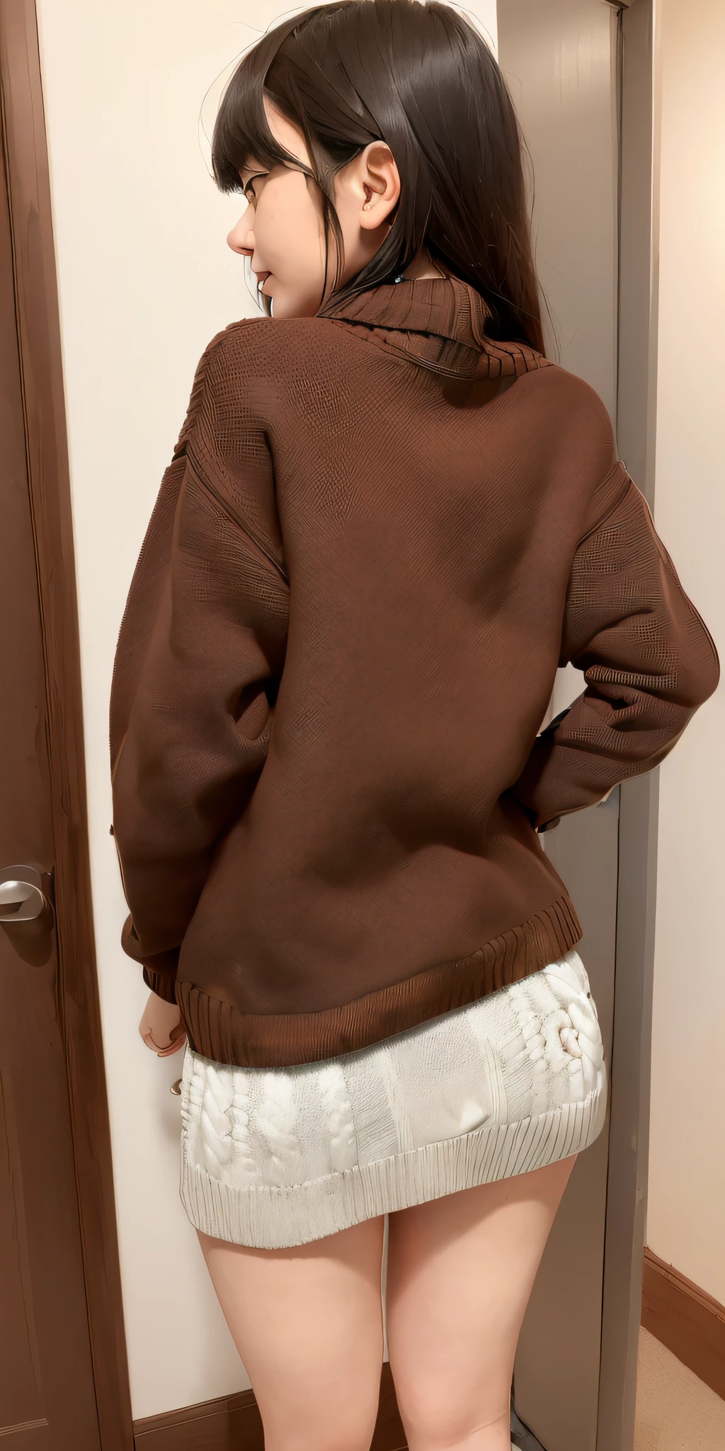 (((professional: step by step, considering even the smallest detail, god level final result))): "masterpiece, best quality, highres, solo 1girl, 24 years old, kr1, brown eyes, blunt bangs, kibito high school 50% uniform, sweater, pleated 10% miniskirt, socks, small breasts, leaning forward, hand on hip, ((visible hip removing the sweater from the body)), provocative without limits, low back view"