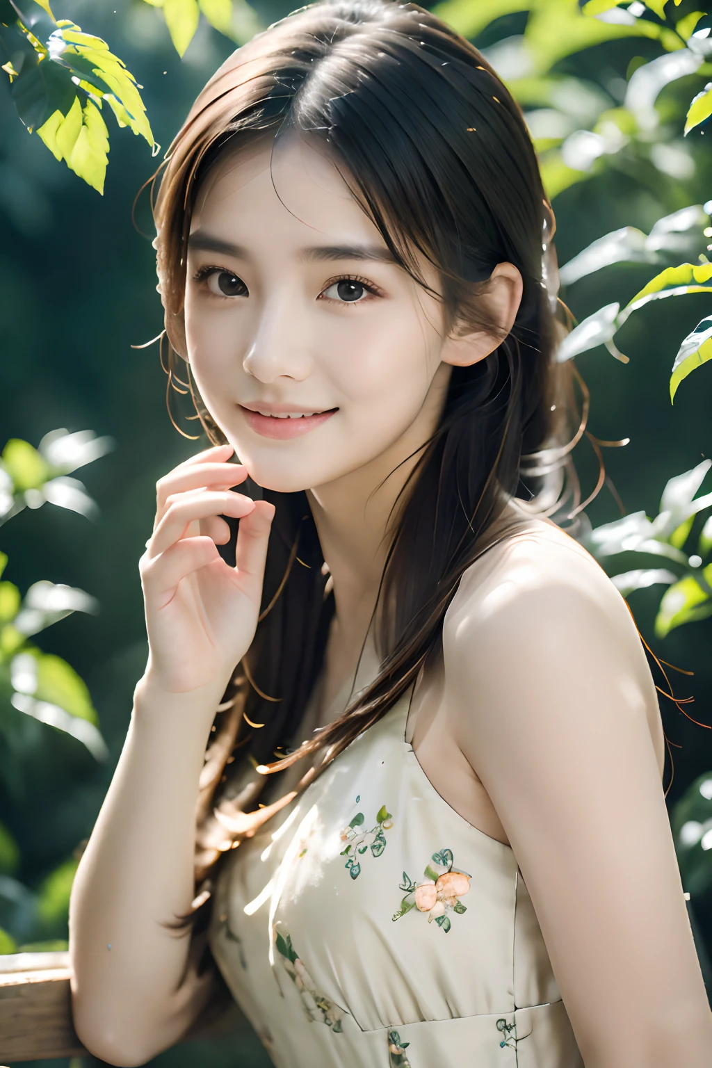 (best quality,4k,highres,masterpiece:1.2),ultra-detailed,(realistic:1.37),beautiful girl,tea picking, lovely face, half body shot, dewy complexion,sparkling eyes,flowing hair,delicate hands,nature-inspired dress,sunlight filtering through the leaves,floral aroma,tranquil atmosphere,gentle breeze,rustling of tea leaves,serene smile,peaceful surroundings,lush green tea bushes,meticulous tea harvesting technique。