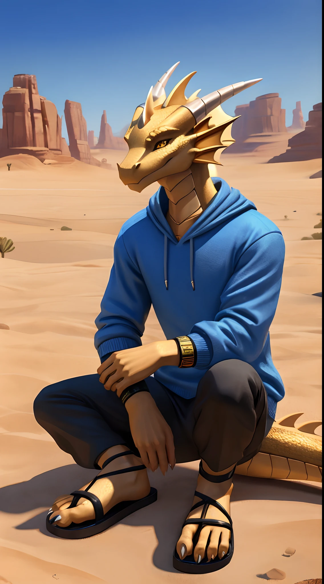 Male dragon,Cyborg Dragon,The golden dragon,Young dragons,He wears a blue sweatshirt and black shorts,Long sandals,Claw feet,battery,In the desert,Sat down,Sunny,head fins,Detailed golden eyes,lifelike skin,Detail ratio,Slim,Sexy,The scales are truly textured,photo-realistic,Masterpiece,Clear,8K,3Drenderingof
