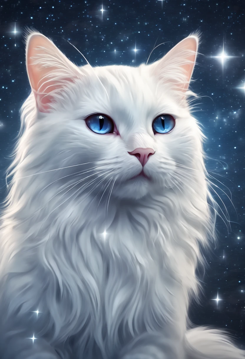 Realistic white cat on starry sky background
