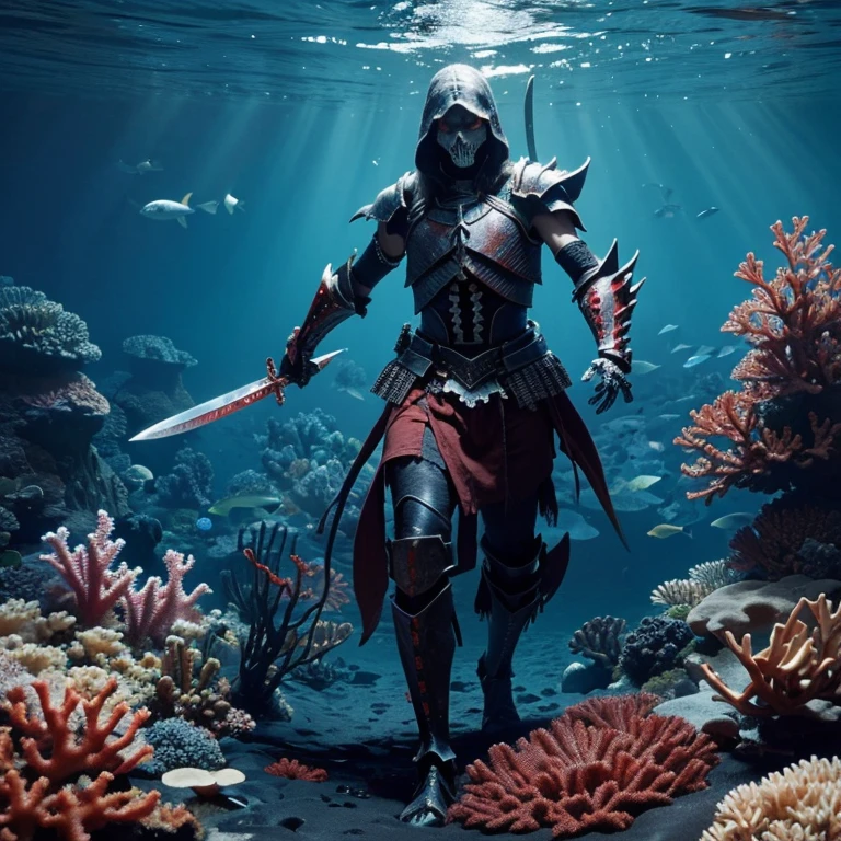 ocean floor,The corals,The fish,skeleton warrior,Black armor,red color eyes,Armed with a long knife
