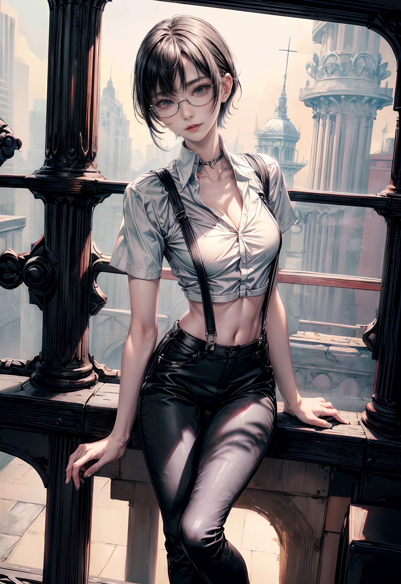 Cinematic lighting,super detailed skin、Beautiful detailed eyes、Best Quality,(Perfect ???????:1.3),(1beautiful woman、Detailed beautiful facial features:1.3)(black hair shorthair、eye glass:1.5)(brue eyes、eyeshadows:1.4)(Skin exposure on the neck:1.6)The neck is bare skin、The throat is bare skin(Cross your arms under your chest:1.4)With one hand on his hip、
BREAK (White theme:1.4), (Wear black suspenders over a white collared shirt:1.5), ((Short sleeve, White collar):1.4), ((鎖骨, cleavage):1.4), ((Navel, Stomach):1.3),(The arm is a machine:1.3)
BREAK (Black theme:1.2), (Black Tight Tex Pants:1.2), (Platform High Boots:1.1),
(little smiling:1.2)cinematlic lighting、At the gateway to the train station of the near future