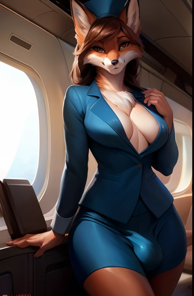 4k, high resolution, best quality, masterpiece, perfect colors, perfect shadows, beautiful and detailed portrait of a (((feminine))), perfect lighting, posted on e621, (by Chunie, by Einshelm), furry, anthro, furry art, ((portrait)), Female fox, red fox, (two-toned fur), furry body black legs from foot to knee,fluffy, fluffy tail, body fur, animal nose,chin fluff, muzzle, Mane,Big fluffy chest tuft, big fluffy neck tuft,fluffy neck, fluffy chest, Lots of fluff, Beautiful brown eyes, fit body, perfect masculine body, detailed fur, detailed face, ((Bonifasko lighting)), fox tail, (detailed eyes), perfect pupils, Tall, brown hair, Brown hair tied in to a pony tail, Wide hips, big legs, B cup breasts, Fluffy neck, Huge Fox tail, Arms white, flight attendant, flight attendant clothing, flight attendant clothes, plane interior background, knee-length skirt, slacks that end at the ankle, Blue jacket,  ((genitalia slip)), ((genitalia overflow)), genitalia outline on clothing,(huge bulge),male genitalia, big bulge