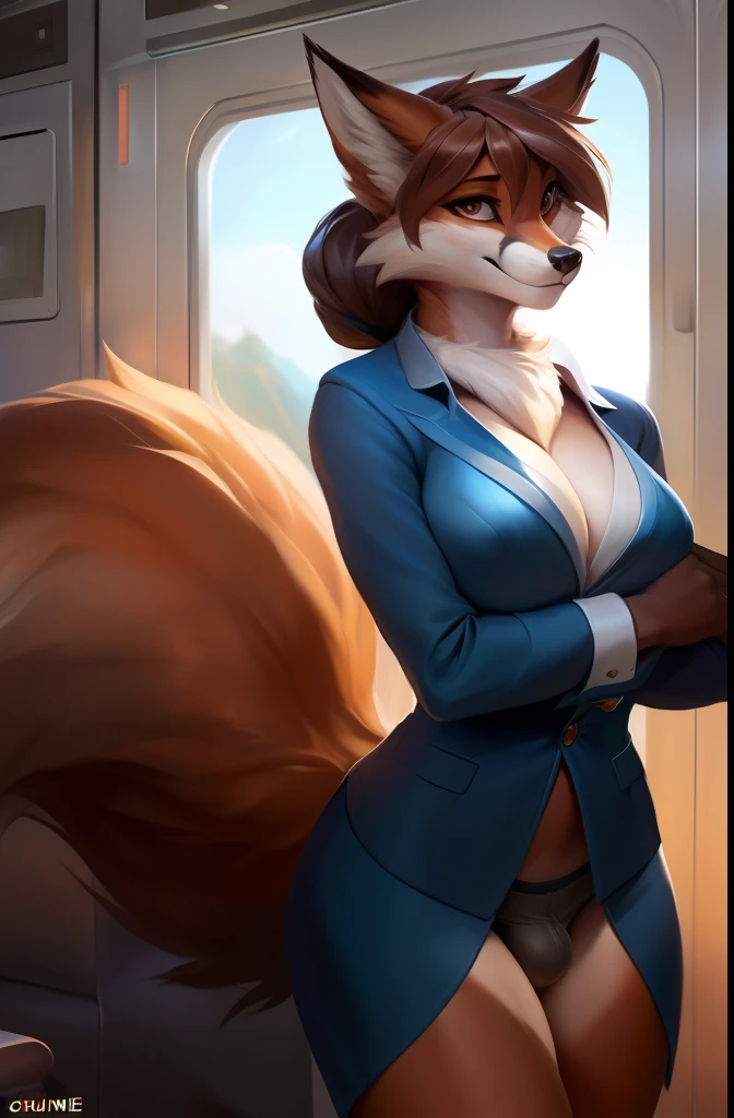 4k, high resolution, best quality, masterpiece, perfect colors, perfect shadows, beautiful and detailed portrait of a (((feminine))), perfect lighting, posted on e621, (by Chunie, by Einshelm), furry, anthro, furry art, ((portrait)), Female fox, red fox, (two-toned fur), furry body black legs from foot to knee,fluffy, fluffy tail, body fur, animal nose,chin fluff, muzzle, Mane,Big fluffy chest tuft, big fluffy neck tuft,fluffy neck, fluffy chest, Lots of fluff, Beautiful brown eyes, fit body, perfect masculine body, detailed fur, detailed face, ((Bonifasko lighting)), fox tail, (detailed eyes), perfect pupils, Tall, brown hair, Brown hair tied in to a pony tail, Wide hips, big legs, B cup breasts, Fluffy neck, Huge Fox tail, Arms white, flight attendant, flight attendant clothing, flight attendant clothes, plane interior background, knee-length skirt, slacks that end at the ankle, Blue jacket, ((genitalia slip)), ((genitalia overflow)), genitalia outline on clothing,(huge bulge),male genitalia, big bulge