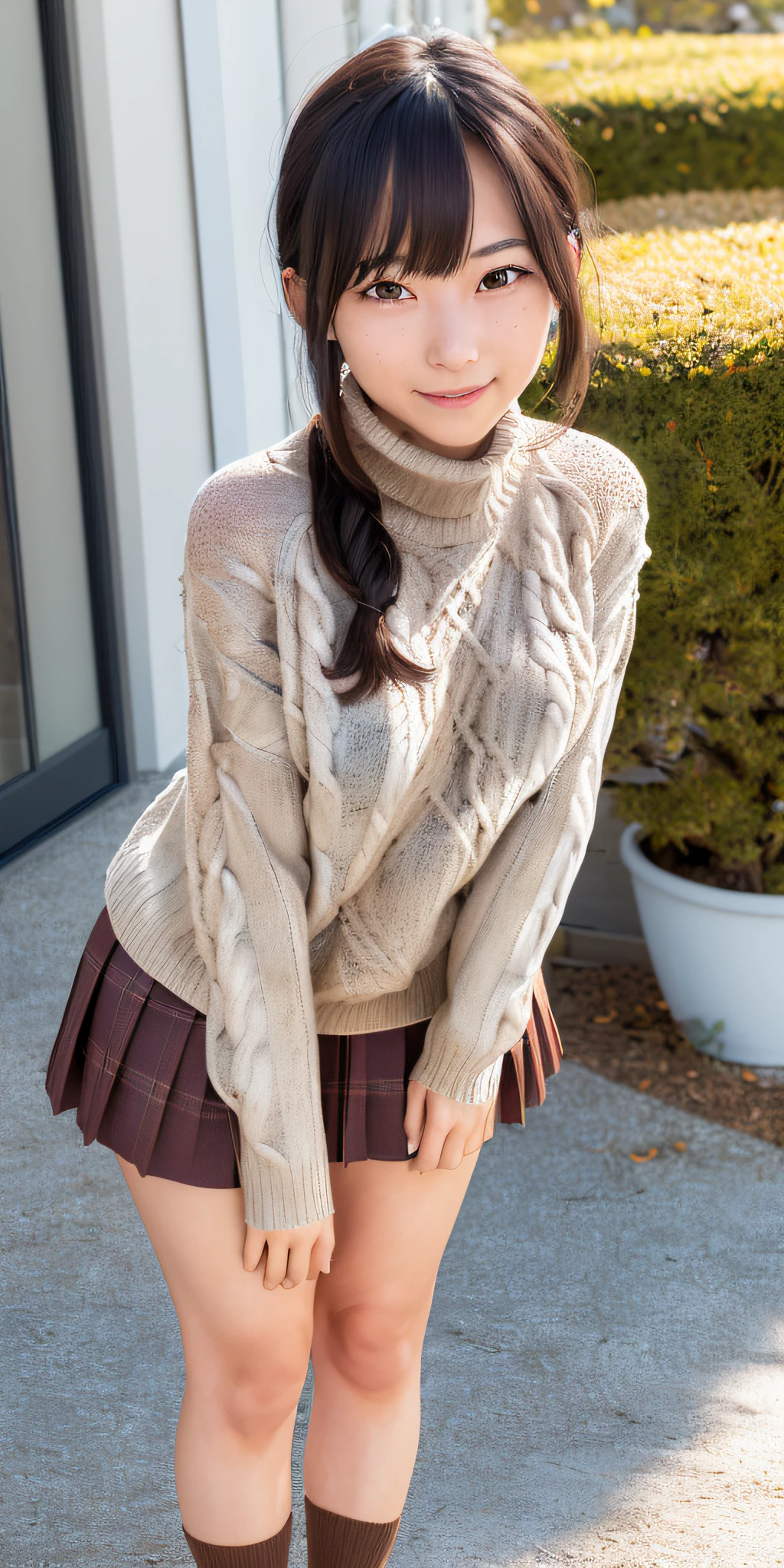 (((professional: step by step, considering even the smallest detail, god level final result))): "masterpiece, best quality, highres, solo 1girl, 21 years old, Mikasa akerman, kr1, brown eyes, blunt bangs, 30% kibito high school uniform, 50% sweater, 10% pleated miniskirt, socks, medium breasts, leaning forward, bare hips, ((visible hip removing the sweater from the body))"