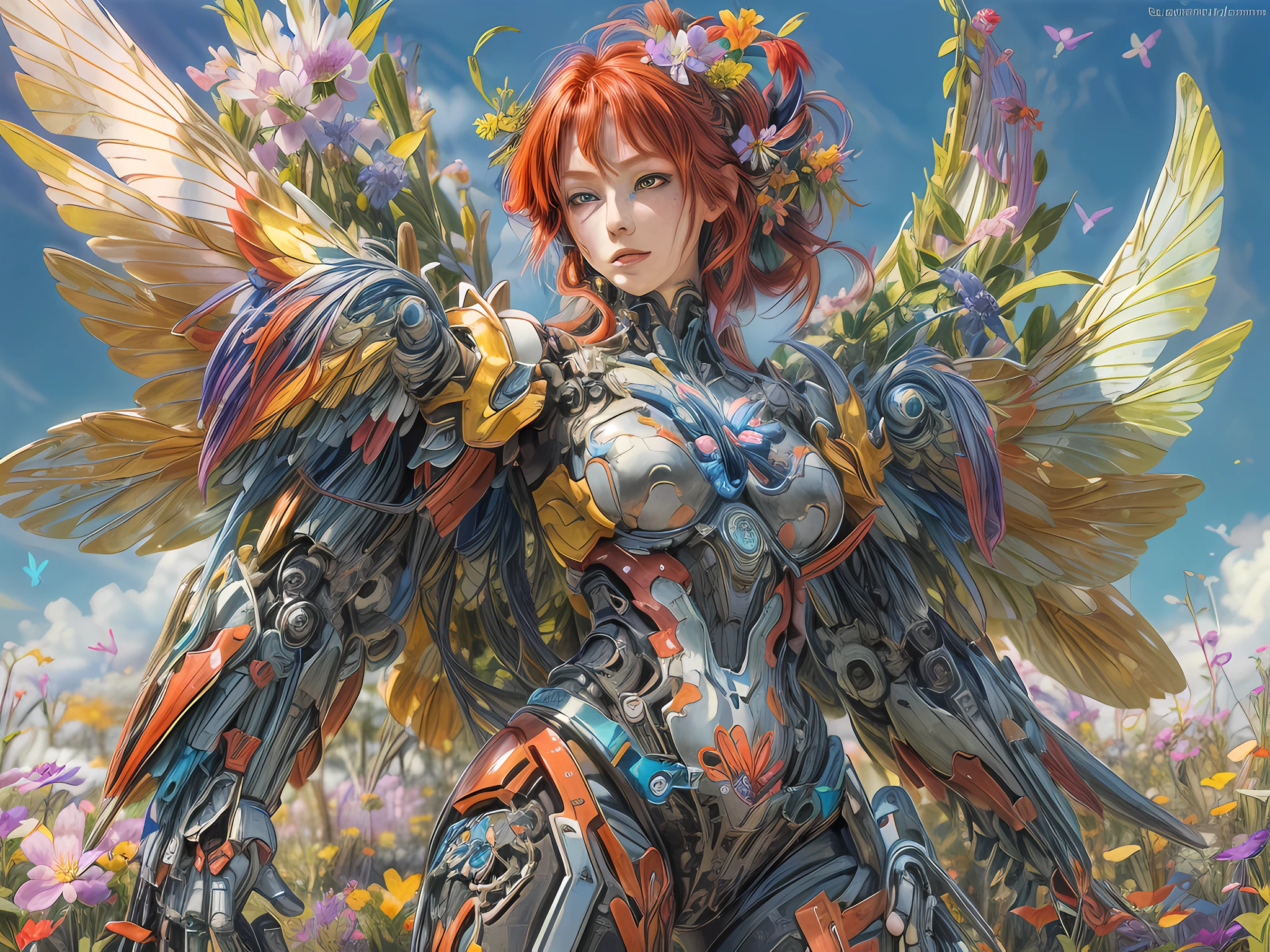a picture of a mecha fairy resting in a rainbow colored flower meadow, full body, an exquisite beautiful (ultra detailed, Masterpiece, best quality: 1.4) female mecha fairy, dynamic angle (best detailed, Masterpiece, best quality), best detailed face (best detailed, Masterpiece, best quality: 1.5), ultra feminine (best detailed, Masterpiece, best quality), butterfly_wings, red hair, long hair, braided hair, dynamic eyes color, (wearing mecha armor: 1.4), resting in (rainbow colored flower meadow: 1.6), full colored, (perfect spectrum: 1.3),( vibrant work: 1.4) vibrant shades of red, orange, yellow, green, blue, indigo, violet  day light, sun rising,  high details, fantasy art, RPG art best quality, 16k, [ultra detailed], masterpiece, best quality, (ultra detailed), full body, ultra wide shot, photorealistic, mecha musume