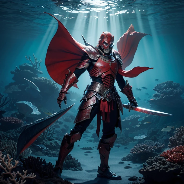 ocean floor,The corals,The fish,skeleton warrior,Black armor,red color eyes,Armed with a long knife