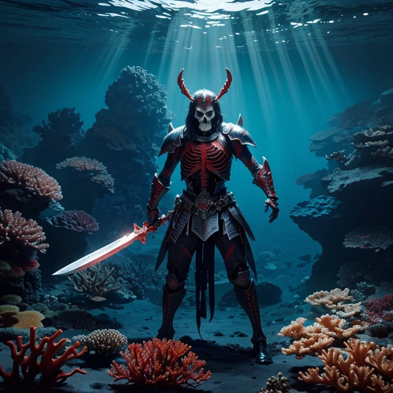 ocean floor,The corals,The fish,skeleton warrior,Black armor,red color eyes,Armed with a long knife