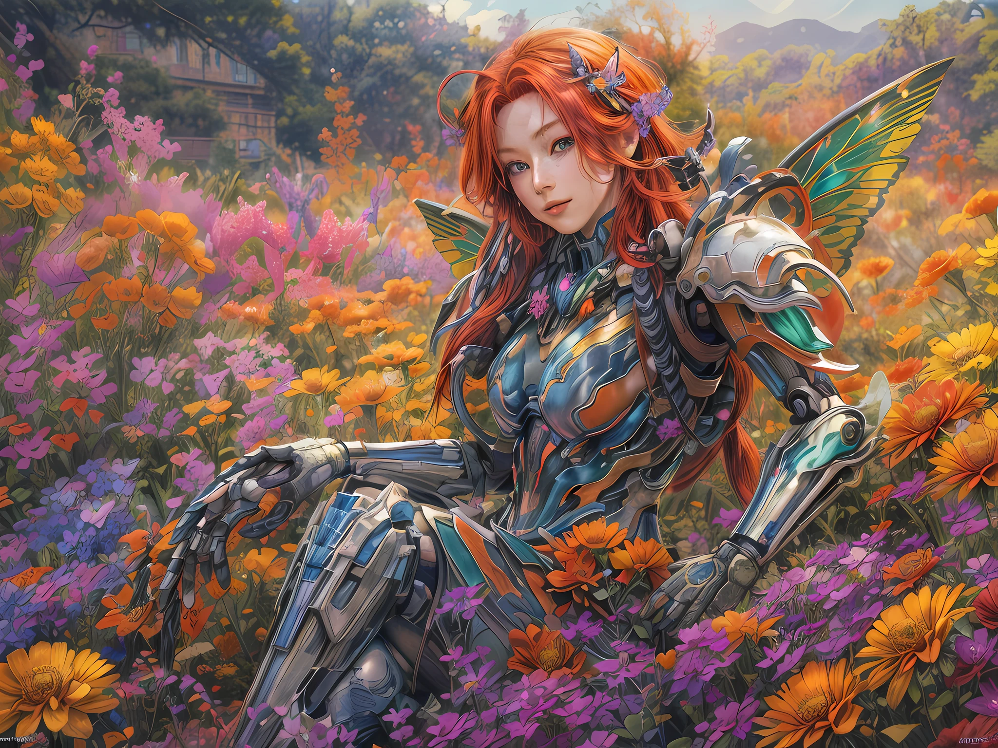 a picture of a mecha fairy resting in a rainbow colored flower meadow, full body, an exquisite beautiful (ultra detailed, Masterpiece, best quality: 1.4) female mecha fairy, dynamic angle (best detailed, Masterpiece, best quality), best detailed face (best detailed, Masterpiece, best quality: 1.5), ultra feminine (best detailed, Masterpiece, best quality), butterfly_wings, red hair, long hair, braided hair, dynamic eyes color, (wearing mecha armor: 1.4), resting in (rainbow colored flower meadow: 1.6), full colored, (perfect spectrum: 1.3),( vibrant work: 1.4) vibrant shades of red, orange, yellow, green, blue, indigo, violet  day light, sun rising,  high details, fantasy art, RPG art best quality, 16k, [ultra detailed], masterpiece, best quality, (ultra detailed), full body, ultra wide shot, photorealistic, mecha musume