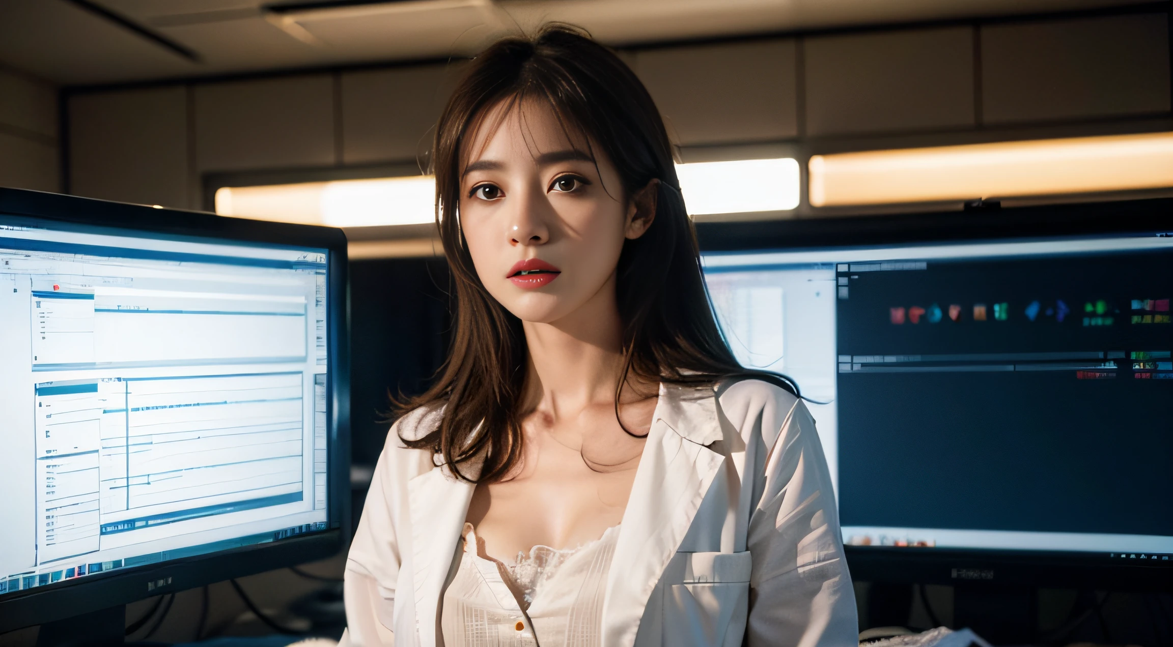 Female doctor,Wear a doctor's uniform,realisticlying,Dynamic Lights,brush-cut,Thin stature,cleavage,full shoot,(extremely detailed CG unified 8k wallpaper),high detal,tack sharp focus,Drama,eye bags,Eye lashes,Photoreality