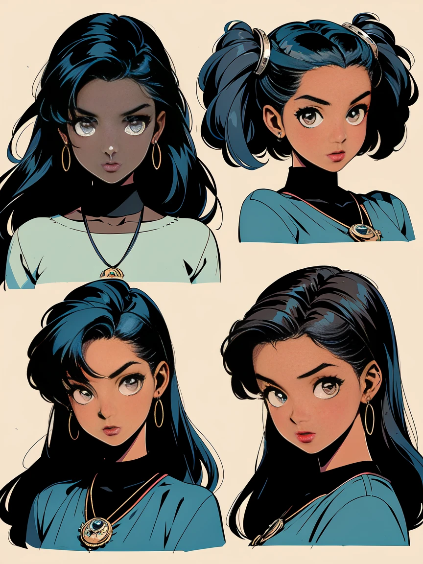 A girl, 1girl, (()),(( dark skin:1.0)), sky-blue hair, brown eyes, head character sheet, different head positions, different facial expressions, fashion hairstyles, head turnaround, vintage horror, 1940s, shapes, gothic, vintage, sexy, anime style, (clear background:1.0),(( consistent character:1.0)),(( consistent clothing:1.0)), ((coloured))