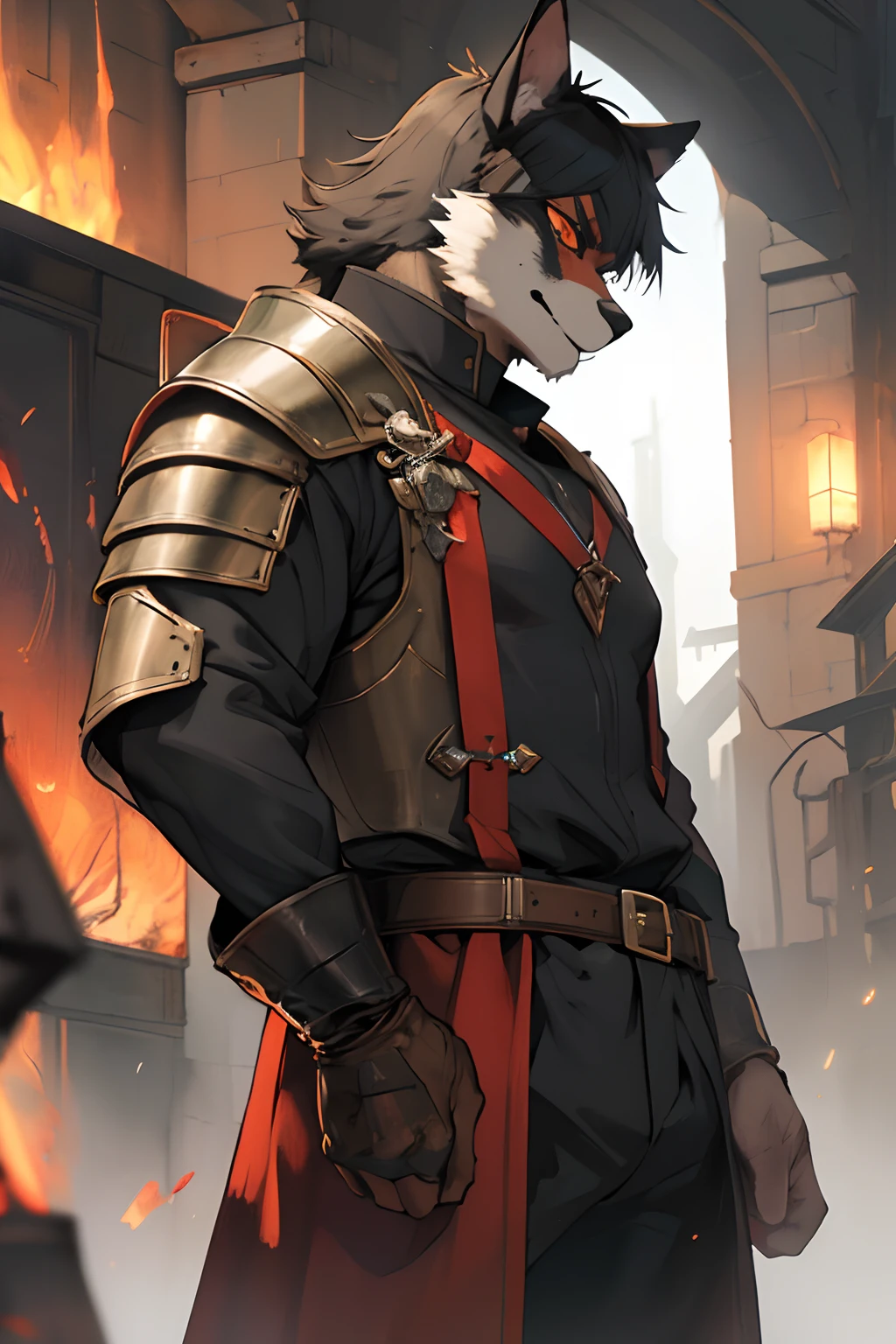 beste-Qualit, tmasterpiece, extra high resolution, Detailed, realisti, 独奏, Horror \(subject\), Dark Fantasy, Depth of field, ember, humanoid, heavy armor, The Face of the Beast, Furry, Security Guard Outfit, Guardian's Attire, Guard, Medieval Guard, Medieval Guard Clothing , spearman, Chaotic Neutral, D&D.