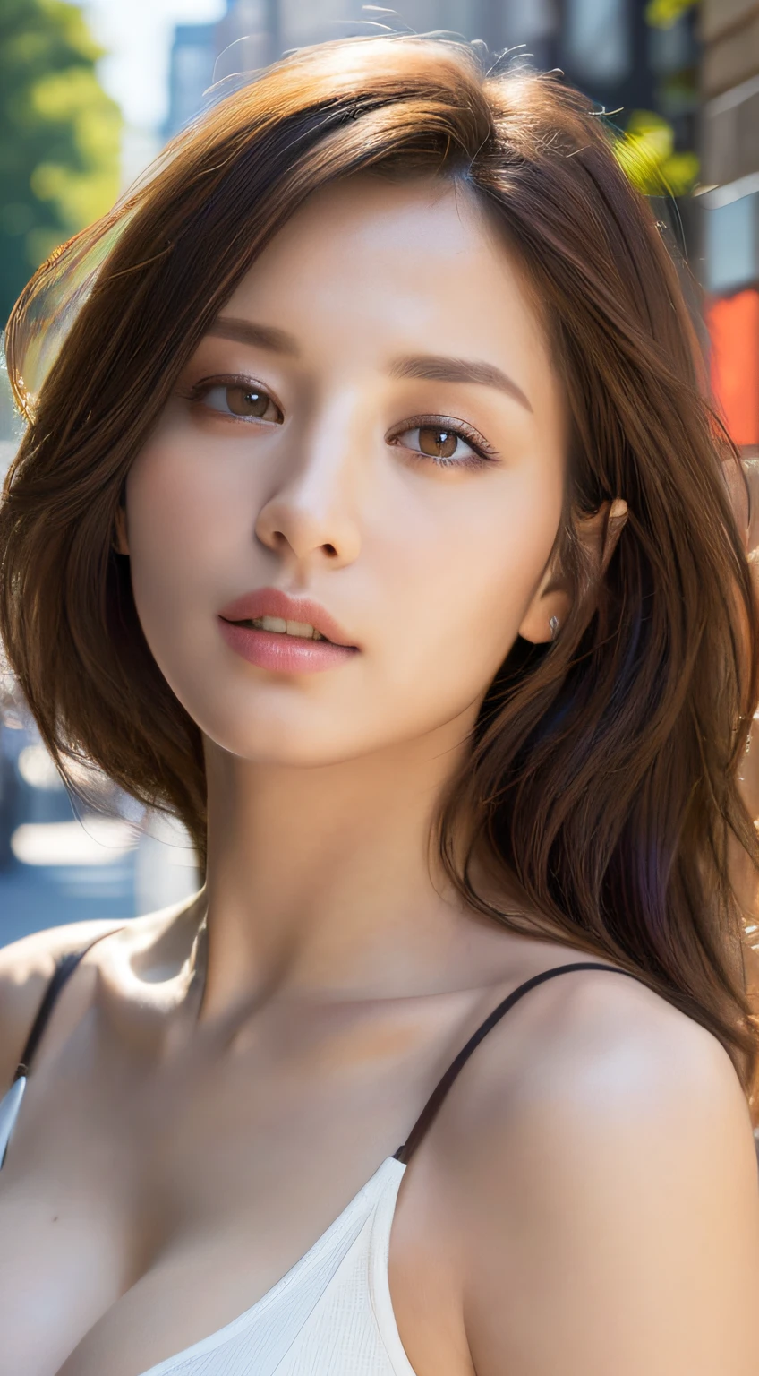 ((Best quality, 8k, Masterpiece :1.3)), Sharp focus :1.2, Perfect body beauty: 1.4, Slim abs: 1.2, ((Dark brown hair, Big breasts: 1.2)), (Natural light, City street: 1.1 ), highly detailed facial and skin textures, detailed eyes, double eyelids, (((Dynamic Angle)))