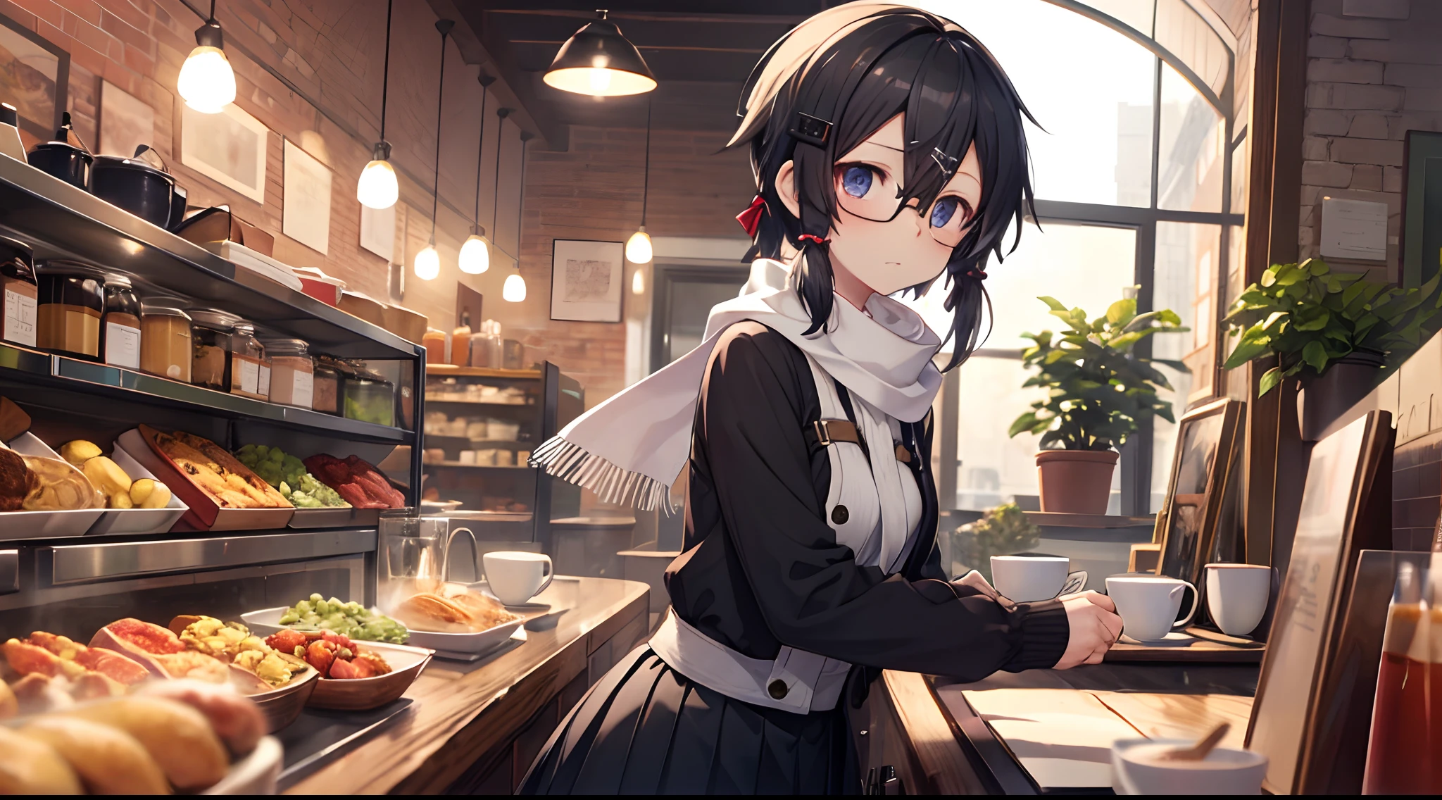 Masterpiece, best quality, expressive eyes, perfect face, cute, cafe, shino asada, black hair, hair between eyes, short hair, white scarf, hairclip, hair ornament, hair ribbon, glasses, black skirt, casual