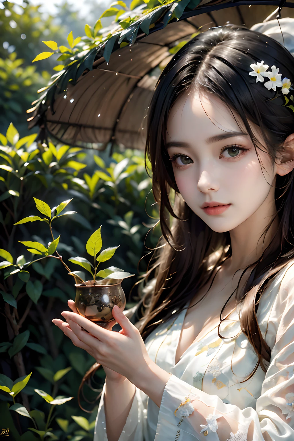 (best quality,4k,highres,masterpiece:1.2),ultra-detailed,(realistic:1.37),beautiful girl,tea picking, lovely face, half body shot, dewy complexion,sparkling eyes,flowing hair,delicate hands,nature-inspired dress,sunlight filtering through the leaves,floral aroma,tranquil atmosphere,gentle breeze,rustling of tea leaves,serene smile,peaceful surroundings,lush green tea bushes,meticulous tea harvesting technique。