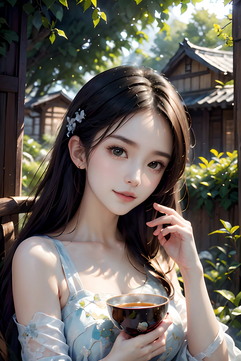 (best quality,4k,highres,masterpiece:1.2),ultra-detailed,(realistic:1.37),beautiful girl,tea picking, lovely face, half body shot, dewy complexion,sparkling eyes,flowing hair,delicate hands,nature-inspired dress,sunlight filtering through the leaves,floral aroma,tranquil atmosphere,gentle breeze,rustling of tea leaves,serene smile,peaceful surroundings,lush green tea bushes,meticulous tea harvesting technique。