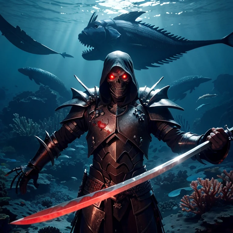 ocean floor,The corals,The fish,skeleton warrior,Black armor,red color eyes,Armed with a long knife
