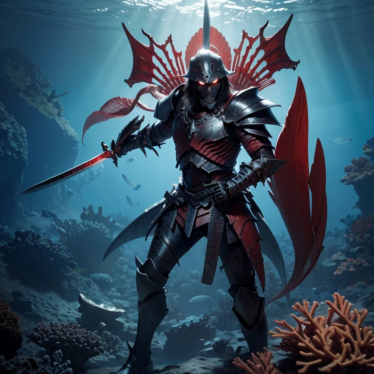 ocean floor，The corals，The fish，skeleton warrior，Black armor，red color eyes，Armed with a long knife